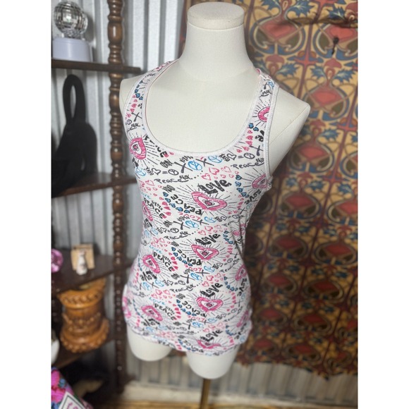MileyCyrus Max Azria Tank Top L/G White Heart Peace Love Y2K Sleeveless - Picture 1 of 4